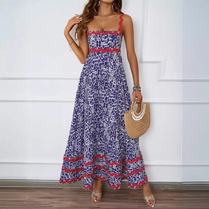 Women's summer leopard print maxi dress with red wavy lace trim and thin straps