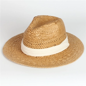 Classic British style straw fedora sun hat with cream ribbon for summer beach vacation