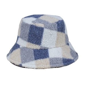 Chapeau bob en laine d'agneau à carreaux bleu et beige pour femme, chaud en hiver