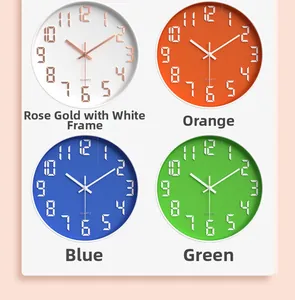Vier moderne 12-Zoll-Quarzwanduhren in Roségold, Orange, Blau und Grün für Wohnzimmer