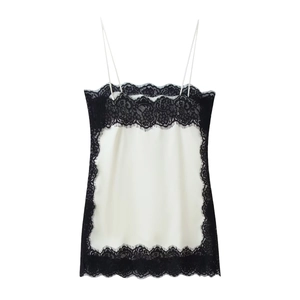 Damen Satin Top in Weiß mit schicker schwarzer Spitze und verstellbaren Trägern
