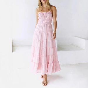 Pink tiered halter neck maxi dress with smocked bodice for women summer vacation