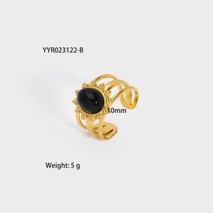 Detail view of adjustable gold ring with 10mm oval black stone and hollow band
