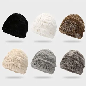 Women Winter Thickened Rabbit Fur Bucket Hat Soft Fuzzy Thermal Windproof Warm Beanie Casual Outdoor