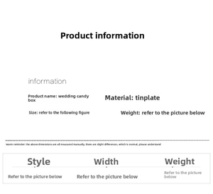Detailed specification sheet for tinplate wedding candy box showing size and weight