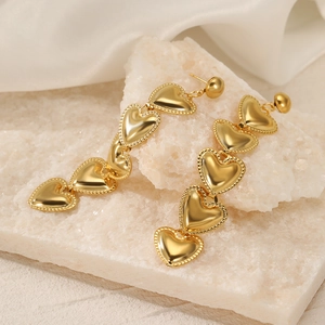 Heart Drop Earrings Stainless Steel 18K Gold Plated Long Dangle Linked Hearts Milgrain Edge Elegant Fashion For Women