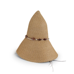 Detailed macro view of woven khaki straw sun hat with bohemian bead strap and texture