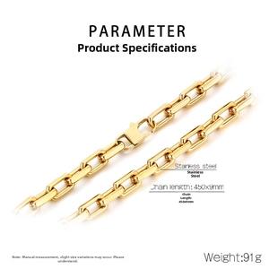 Detail view of 9mm gold-plated stainless steel chunky box chain with dimensions and weight