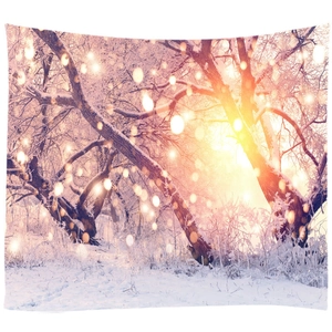 Winter snowy forest wall tapestry with warm sun flares for bedroom dormitory decor