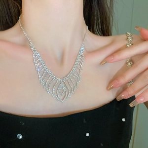 Detailed close-up of sparkling rhinestone tassel necklace worn on a female neck
