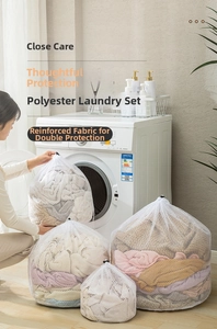 Detailed view of durable mesh laundry bags in various sizes for household washing machines