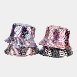 Rainbow laser fish scale bucket hats in purple and pink with metallic holographic finish