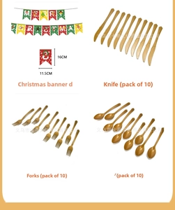 Christmas party set with Merry Christmas bunting and 30-piece gold plastic cutlery set