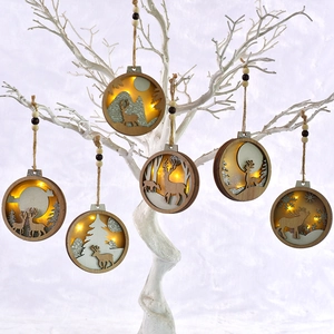 Christmas Hanging Ornament Wooden LED Light Up Hollow Reindeer Forest Design Battery Operated Holiday Tree Decoration