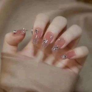 Press On Nails Short Coffin Ballet Pink Gradient Glitter Glossy Fake Nails With Rhinestones Sweet Style For Women
