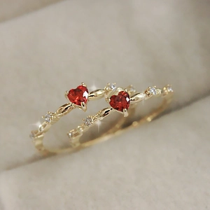 Heart Shaped Red Zircon Ring Copper Twisted Band Elegant Fairy Style Jewelry Gift For Women Fashion Accessory