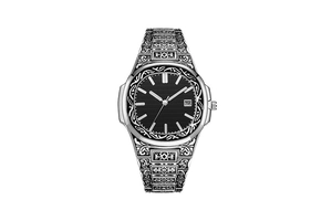 Detail of silver engraved steel watch with black horizontal dial and date window display