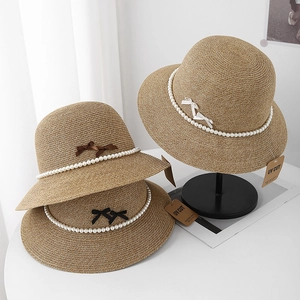 French style sun hat for women with pearl chain and UV protection for summer beach