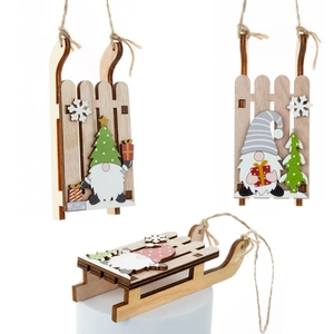 Three wooden Christmas sleigh ornaments with miniature elves and gift box decorations