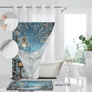 Winter forest shower curtain set with matching rug featuring vintage lamppost and bells