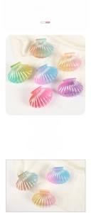 Detailed view of colorful gradient shell-shaped hair claw clips with 3D wavy texture