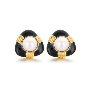 French style stainless steel triangle earrings with black enamel and white pearl accents