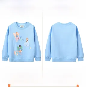 Detail of light blue girls' sweatshirt with 3D blue mesh tutu fairy print design