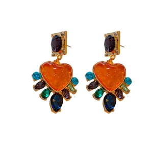 Baroque vintage heart earrings with purple gems and colorful rhinestones in gold setting