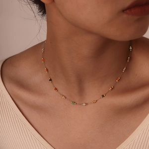 Colorful natural stone beaded necklace on a delicate gold chain for women