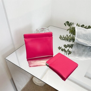 Minimalist rose pink PU leather mini pouch with spring metal closure on mirror base