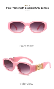 Detail view of transparent pink frame sunglasses with gradient grey lenses and gold logo
