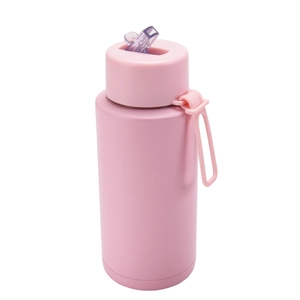 Detail view of pink matte stainless steel bottle with transparent straw and silicone handle