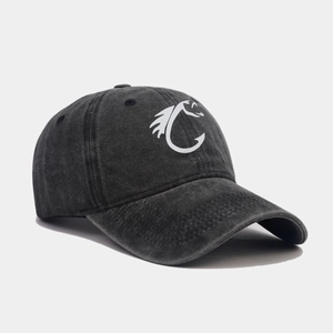 Vintage washed distressed cotton baseball cap featuring a white fish hook graphic print