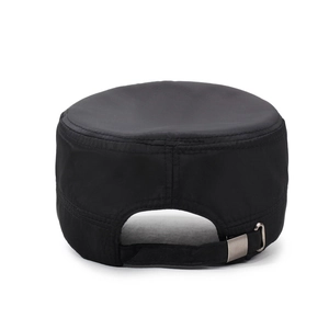 Men's black silk-feel flat top cadet hat with adjustable silver buckle back view