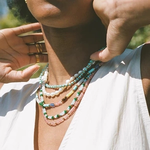 Boho layered necklace with natural stone beads and baroque pearls for women