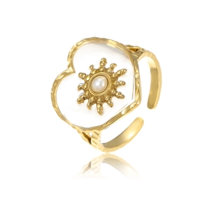 Adjustable golden stainless steel heart ring with white stone and centered pearl accent