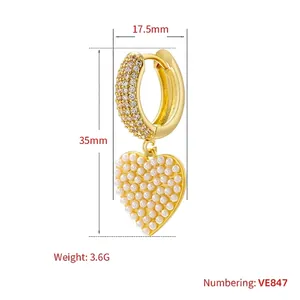 French vintage heart earrings with faux pearls and gold plating, size 35mm by 17.5mm