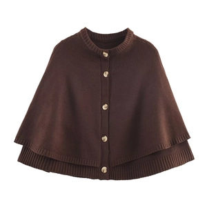 Women's dark brown short sleeve knit cape jacket with single-breasted button front