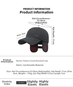 Detailed size chart for men's winter wool baseball cap with thermal ear protection