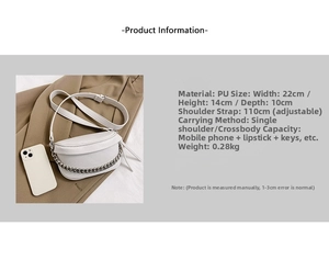 White PU leather crossbody bag with silver chain, size 22x14x10cm and adjustable strap