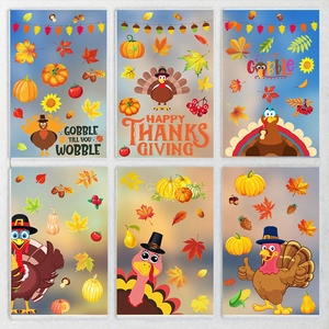 6-pack Thanksgiving window clings featuring cartoon turkeys, pumpkins and maple leaves