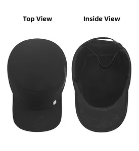 Top view and interior lining of black flat top army cap with warm fleece and metal tag
