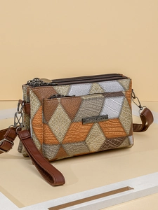 Vintage PU leather crossbody bag with crocodile pattern and triple zipper layers