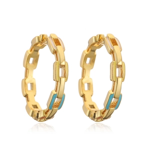 Golden chain link hoop earrings with blue and white enamel accents for women