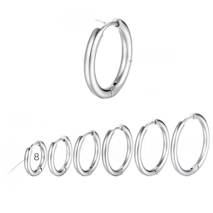 Size chart for stainless steel hoop earrings showing 1.0mm thickness and 8mm to 20mm diameters