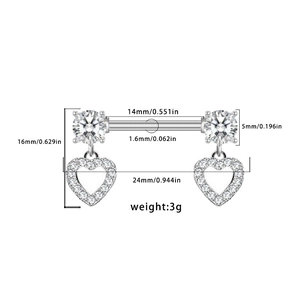 Silver heart nipple ring set with sparkling zircons and detailed product measurements