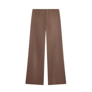 Elegant high-waisted brown satin wide-leg trousers with a luxurious glossy finish