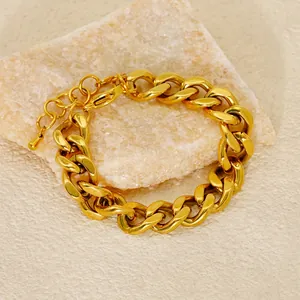 Chunky gold stainless steel Cuban link bracelet for women with adjustable lobster clasp