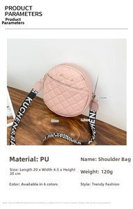 Detailed view of pink quilted PU round crossbody bag with printed strap and size specs