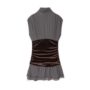 Mouwloze Midi Jurk Met Hoge Hals Color Block Geplooid Fluweel Patchwork Gelaagde Ruches Zoom Elegant Slanke Pasvorm Voor Dames